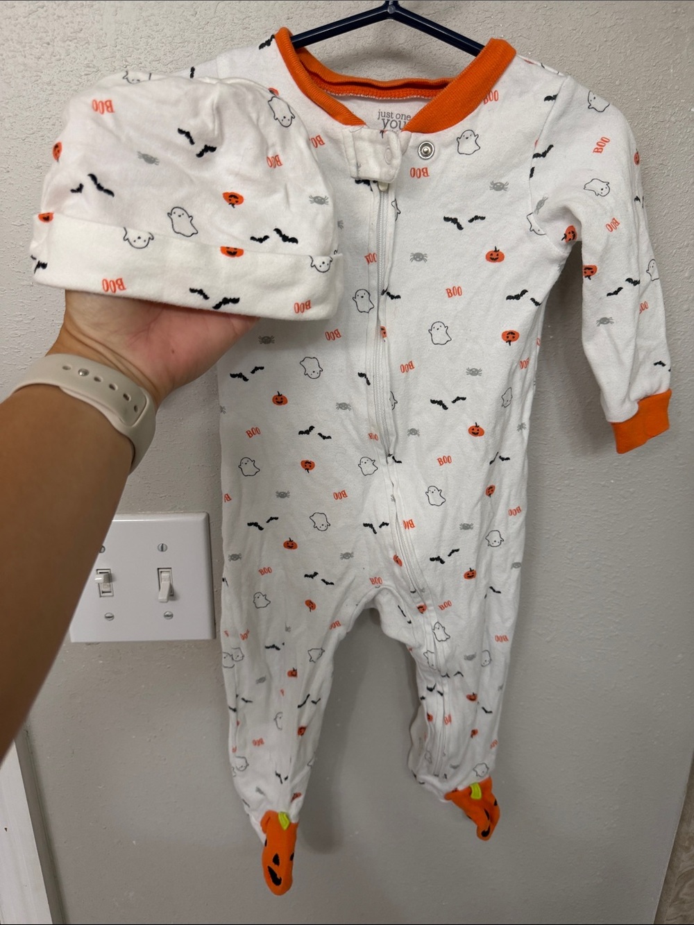 Carter's White & Orange Halloween Footie One-Piece with Hat
